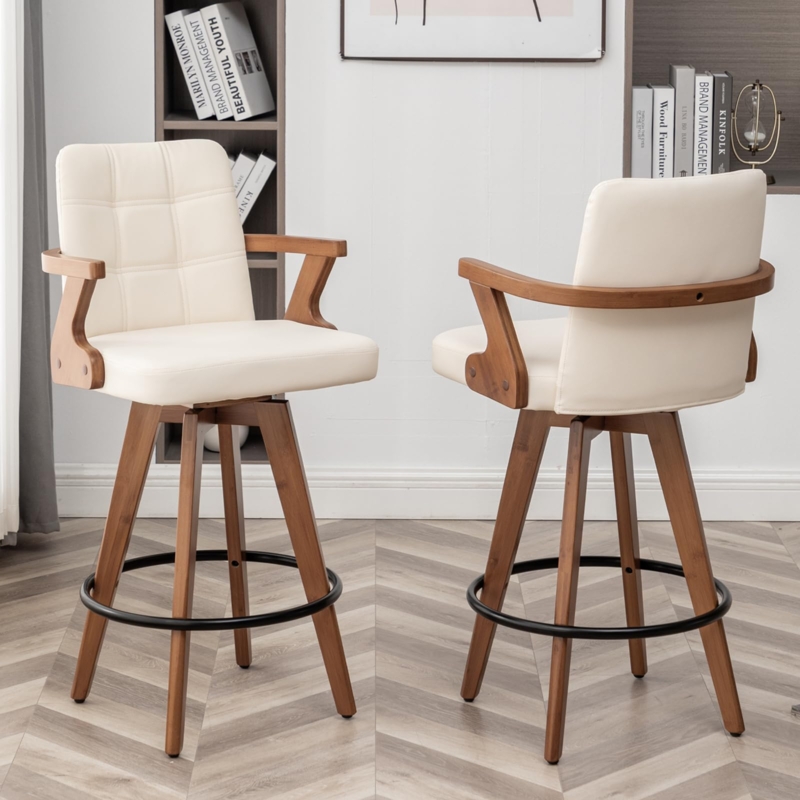 Swivel Bar Stools featuring Curved Wooden Armrests and Quilted Beige Upholstery