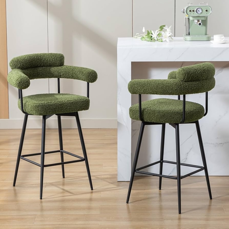Swivel Bar Stools Green Boucle Barrel Back Black Metal Frame