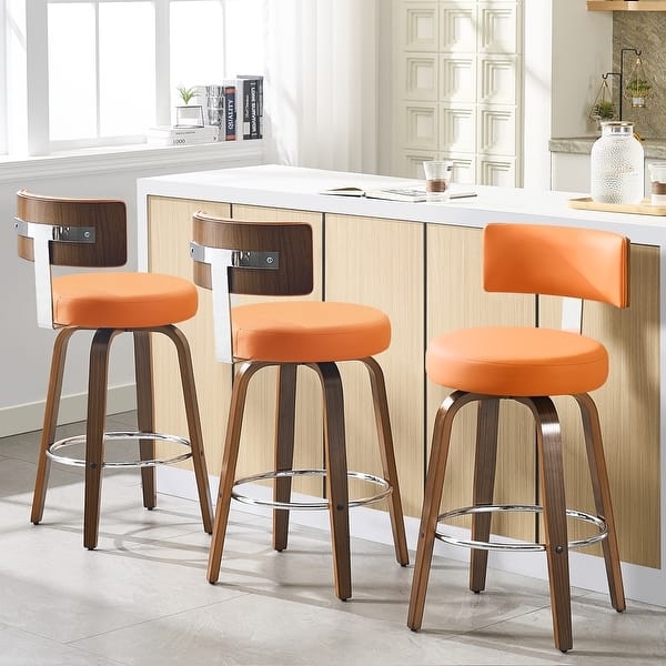 Swivel Bar Stools Set of 3, Curved Wood Back, Orange Seat