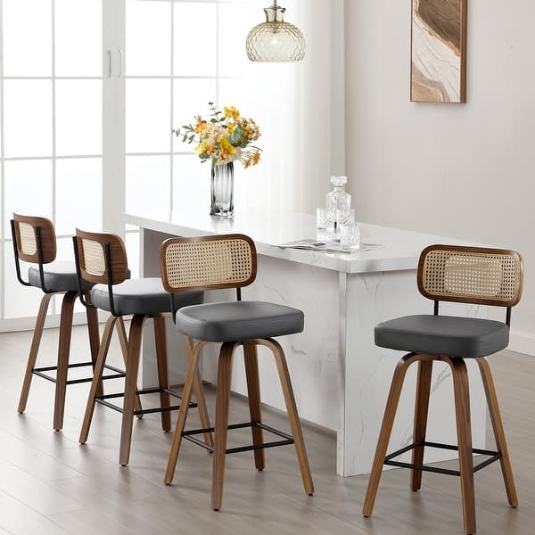 Swivel Bar Stools with Cane Backrest and Charcoal Upholstery Seats