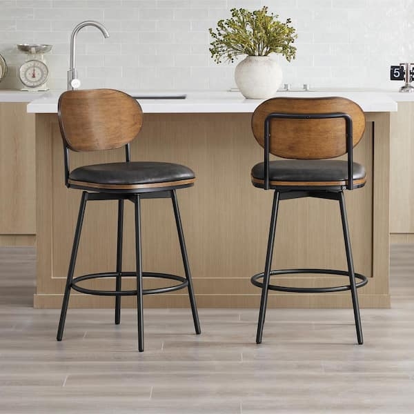 Swivel Bar Stools with Curved Wood Backrest and Mixed Materials