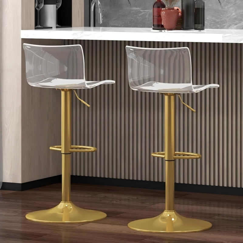 Swivel Bar Stools with Gold Pedestal Base and Clear Acrylic Seat