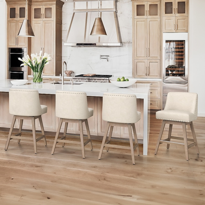 Swivel Bar Stools with Nailhead Trim and Beige Linen-Like Upholstery