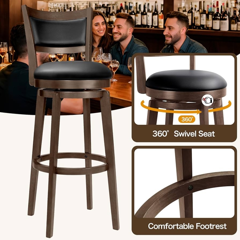 Swivel Barstool Curved High Back 360 Degree Black Leather Like