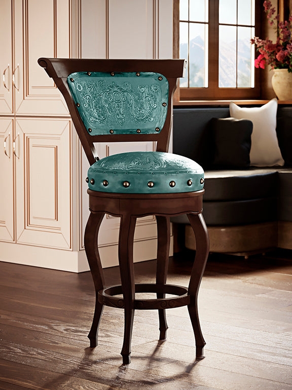 Swivel Barstool Tooled Teal Leather Bronze Nailhead Western Style