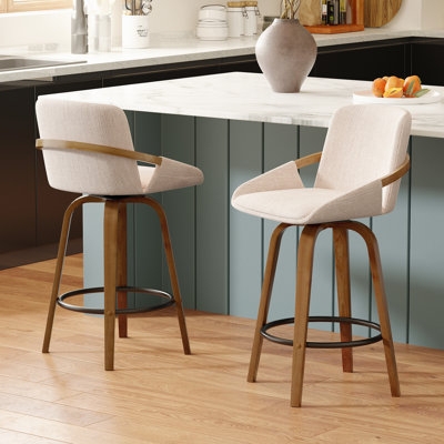 Swivel Counter Stool Beige Linen Curved Back Wood Frame Mid-Century Stools
