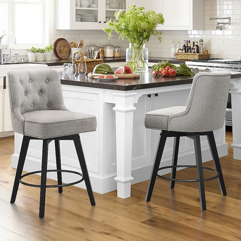Swivel Counter Stool Gray Fabric Tufted Back Black Legs Transitional