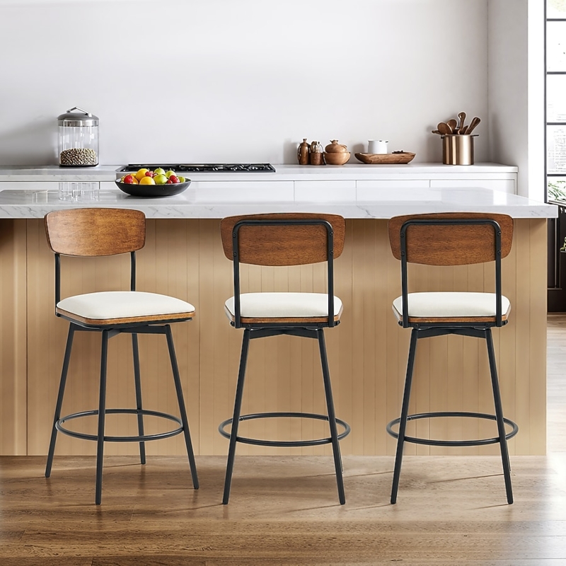 Swivel Counter Stool Industrial Mixed Material Black Metal Wood