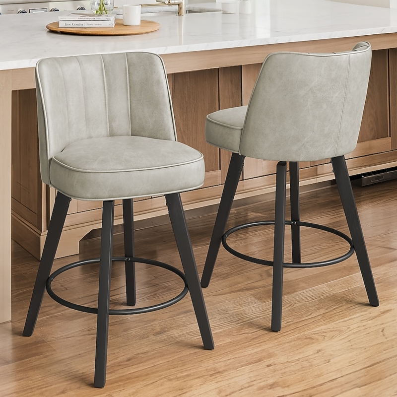 Swivel Counter Stool Modern Channeled Back in Light Gray Faux Leather