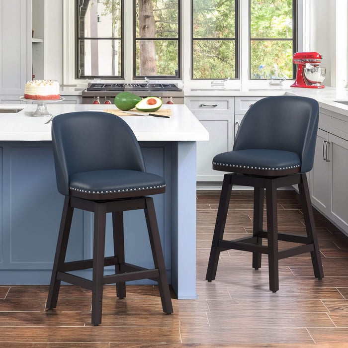 Swivel Counter Stool Nailhead Trim Navy Blue Upholstered Curved Back
