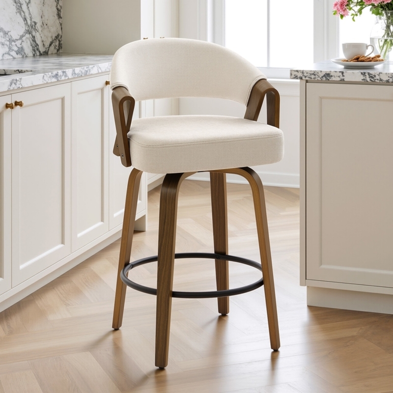 Swivel Counter Stool Off-White Curved Wood Arms Mid-Century Modern