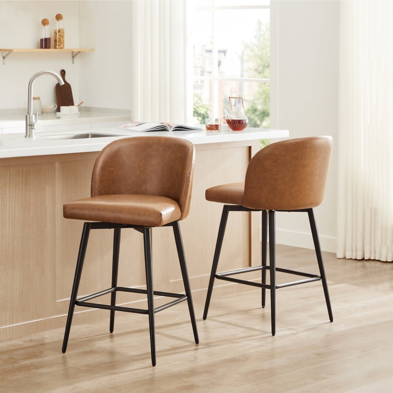 Swivel Counter Stool Tan Faux Leather Black Metal Legs