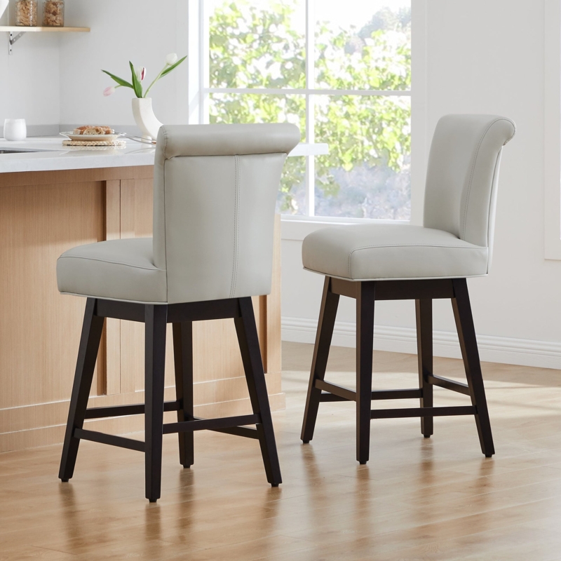 Swivel Counter Stool Transitional Rolled Back with Dark Wood Legs