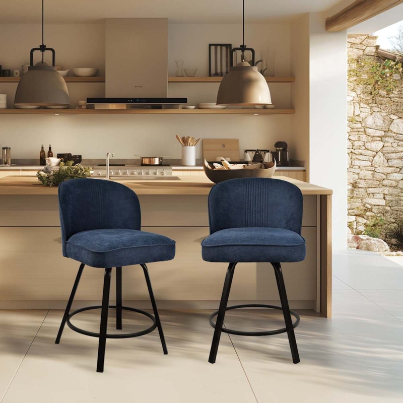 Swivel Counter Stool with Vertical Ribbed Stitching and Black Base