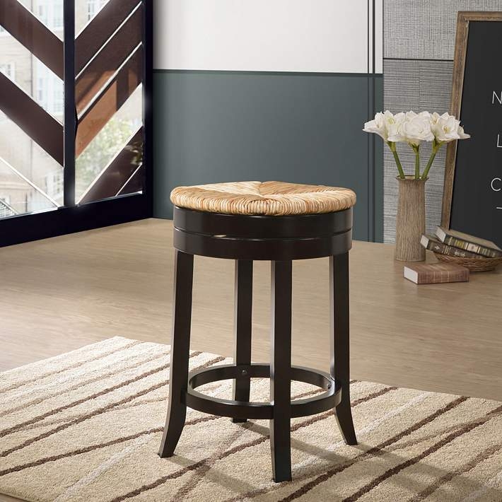 Swivel Counter Stool with Woven Rush Seat and Dark Wood Frame