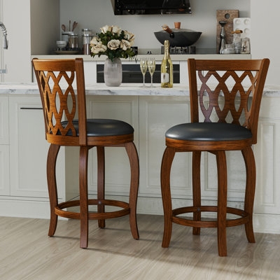 Swivel Counter Stools Lattice Back Wood Toned Cabriole Legs Traditional