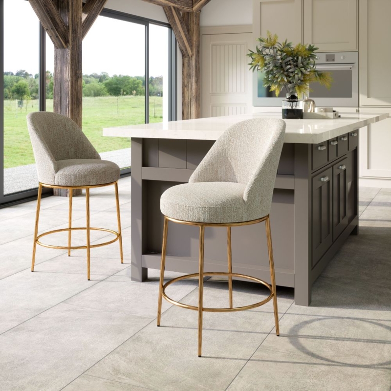 Swivel Counter Stools with Textured Beige Fabric and Gold Tapered Legs