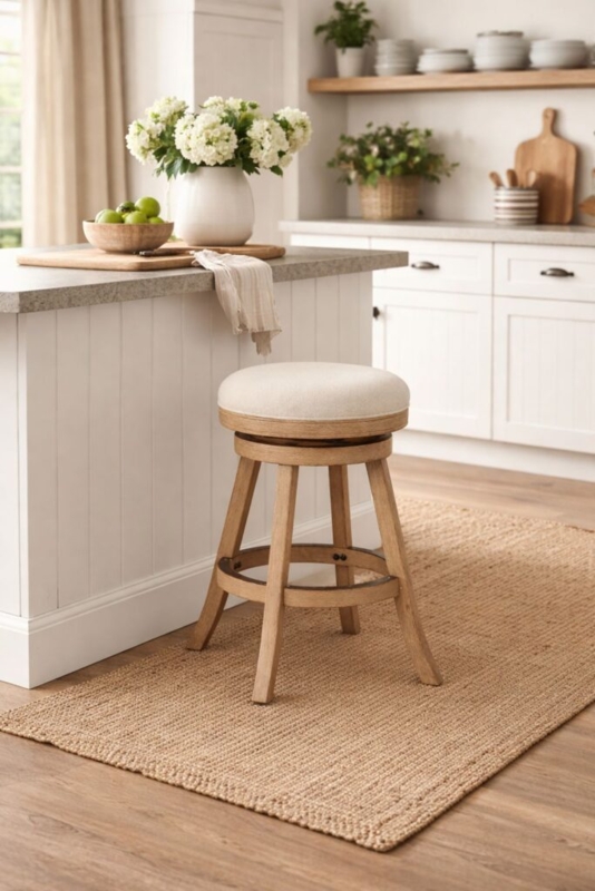Swivel Stool Backless Round Seat with Natural Light Wood Base