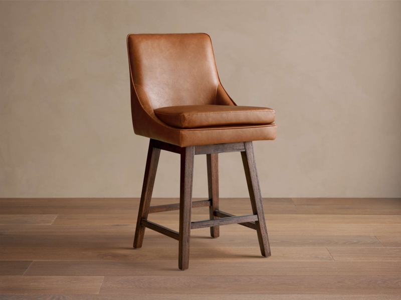 Swivel Stool Cognac Tan Faux Leather Dark Wood Base Transitional