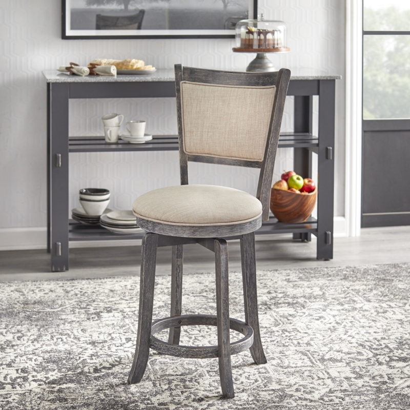 Swivel Stool, Distressed Grey Wood, Linen-Look Upholstery, Farmhouse Style