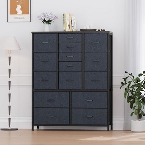 Tall 15-Drawer Storage Chest Charcoal Fabric Bins Wood Top