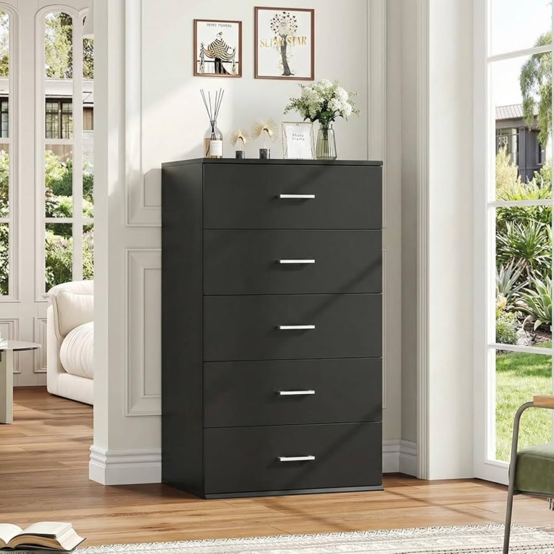 Tall Black 5 Drawer Chest with Matte Finish and Vertical Design