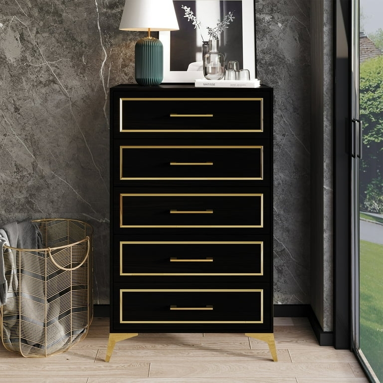 Tall Black Dresser with Gold Inlay Frames and Angular Legs