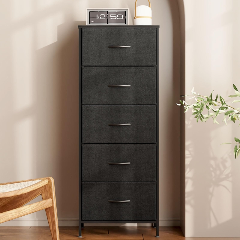 Tall Black Fabric Dresser with Charcoal Finish and Slim Profile
