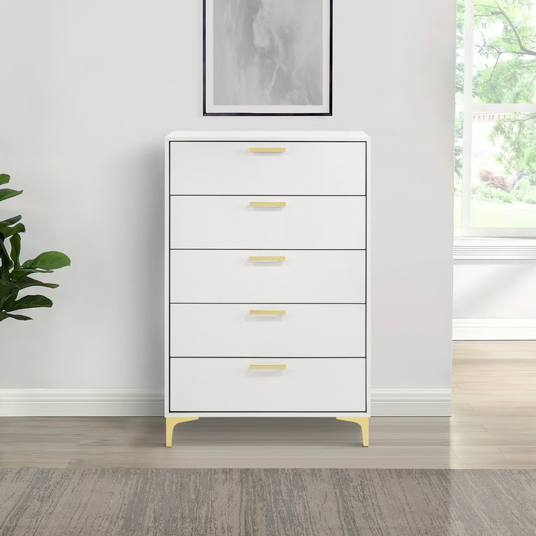 Tall Chest, Bracket Legs, Gold Hardware, Smooth White 5 Drawer Storage