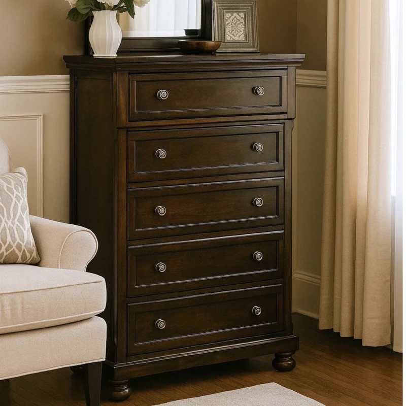 Tall Chest in Espresso Brown with 5 Drawers and Bun Feet. Traditional.