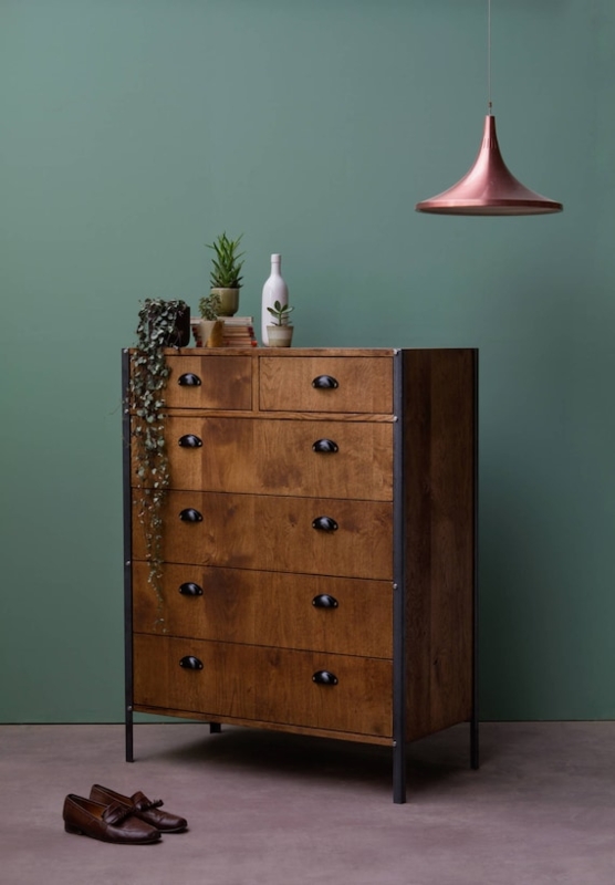 Tall Chest of Drawers, Black Metal Frame, Six Wood Drawers, Cup Handles