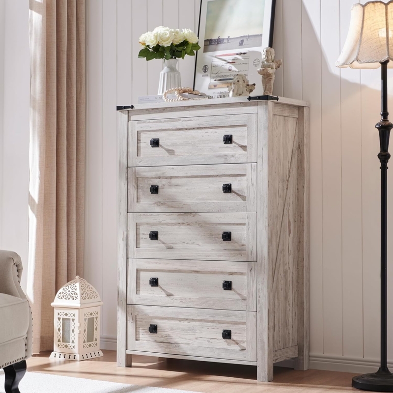 Tall Chest of Drawers Distressed White Finish Black Hardware