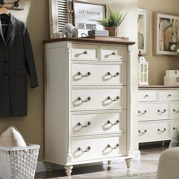 Tall Chest of Drawers Fluted Columns & Wood Top Farmhouse Style