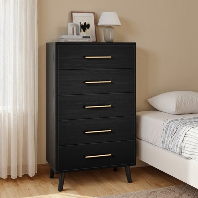 Tall Chest of Drawers in Black Finish with Gold Horizontal Handles