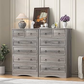 Tall Chest of Drawers Taupe Grey Weathered Wood Twelve Drawer Storage