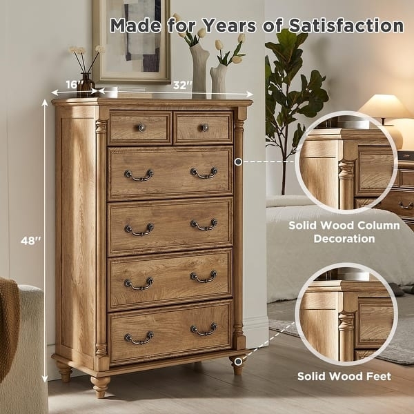 Tall Chest of Drawers Warm Oak Fluted Columns Bun Feet 48" Height