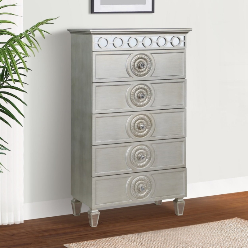 Tall Chest of Drawers with Mirrored Legs and Circular Fretwork Trim
