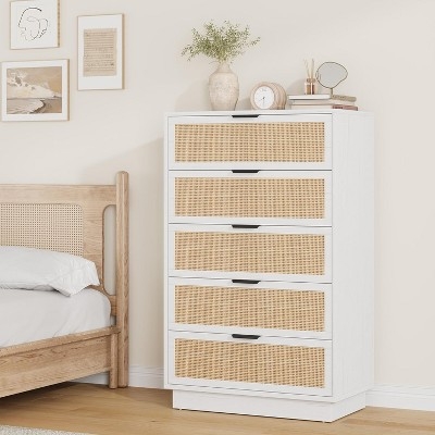 Tall Chest with Five Drawers and Woven Cane Panels