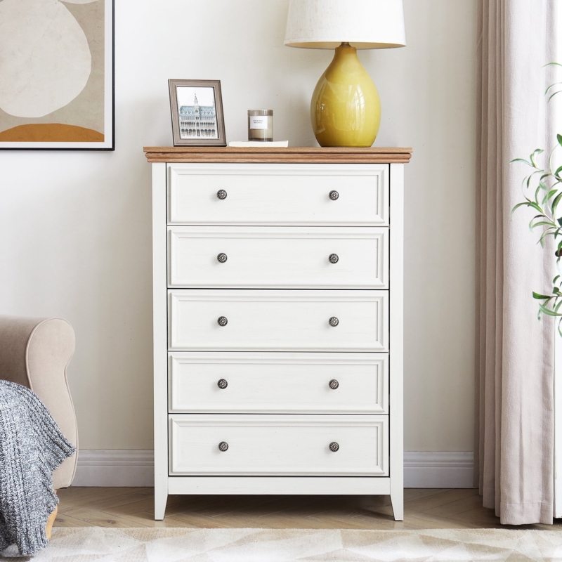 Tall Cream Chest of Drawers with Walnut-Toned Top and Textured Knobs