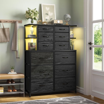 Tall Dresser 12 Drawers Integrated LED Shelves Charcoal Wood