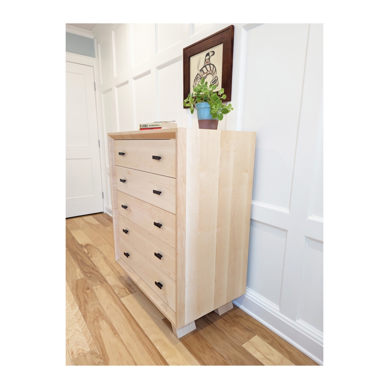 Tall Dresser Blonde Wood Finish Five Drawers Block Feet Bar Pulls