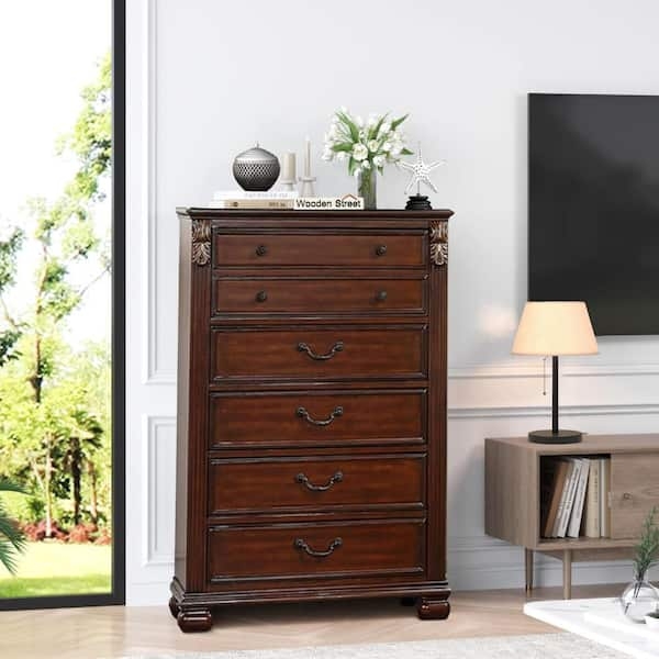 Tall Dresser Cherry Oak Brown, Carved Corner Accents & Mixed Hardware
