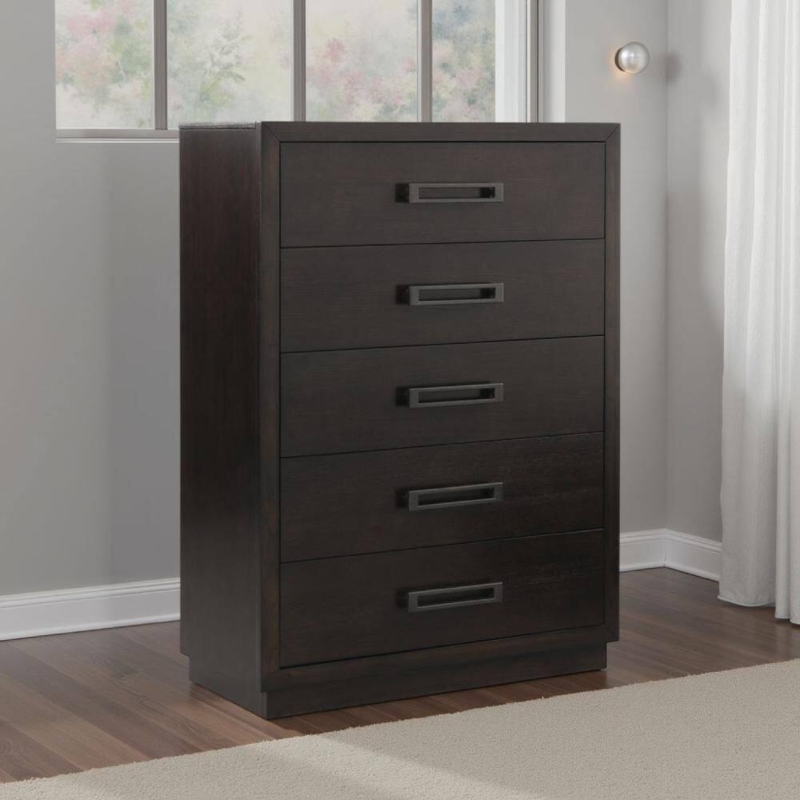 Tall Dresser Chest, Charcoal Gray Wood Grain, Rectangular Metal Handles.