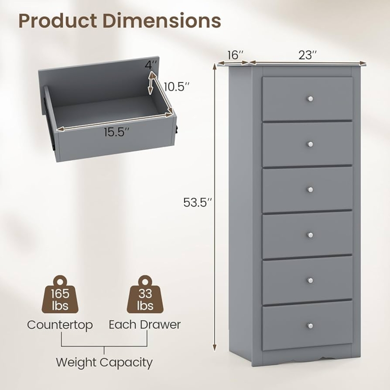 Tall Dresser Grey Finish Six Drawers Narrow Profile Modern Knobs