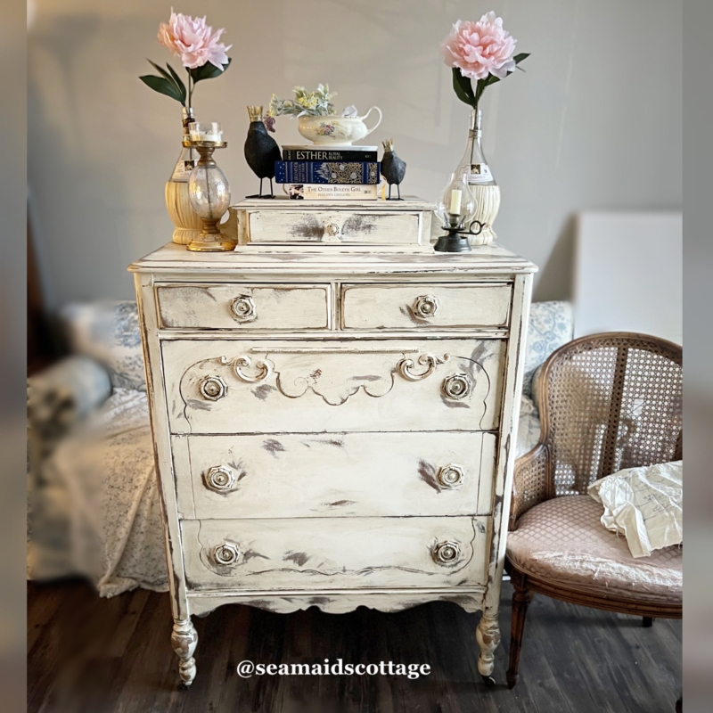 Tall Dresser Heavily Distressed White with Ornate Scroll Carving and Cabriole Feet
