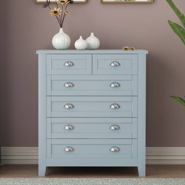 Tall Dresser Light Blue Shell Pulls Recessed Panels Coastal