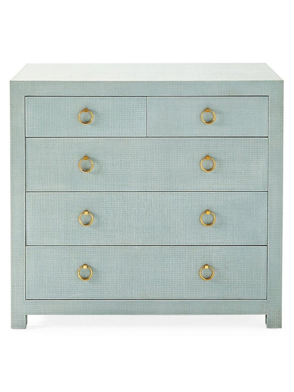 Tall Dresser Linen Wrapped Surface, Coastal Blue with Gold Ring Pulls
