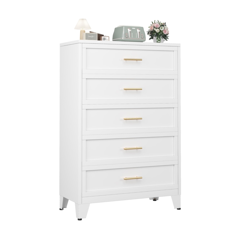Tall Dresser of Metal Construction, Gold Bar Pulls, Modern Glam Style