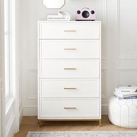 Tall Dresser, Raised Metal Frame, Slim Gold Pulls, Glam 5-Drawer
