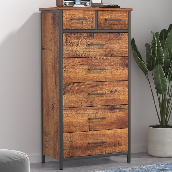 Tall Dresser Storage, Seven Drawers, Mixed Material Industrial Frame